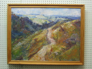 Mary B Clarke, impressionist oil on canvas "Yorkshire Moors" 19" x 25" label to reverse