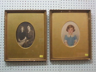 An Edwardian portrait miniature "Seated Girl" 7" oval, indistinctly signed together with a black and white portrait photograph of a "Major in Military Uniform  with a Lady"