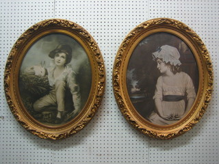 A pair of 18th Century style coloured prints "Girl and Boy" 19" oval contained in decorative gilt frames