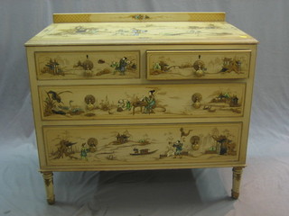 A 1930's white lacquered chinoiserie style chest of 2 short and 3 long drawers, raised on turned supports 38"