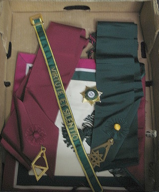 A quantity of Royal Order of Scotland regalia comprising apron, 2 sashes, star and arm band