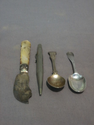 A Victorian silver bladed butter knife, an antique bottom marked teaspoon, a silver teaspoon and an Oldham propelling pencil