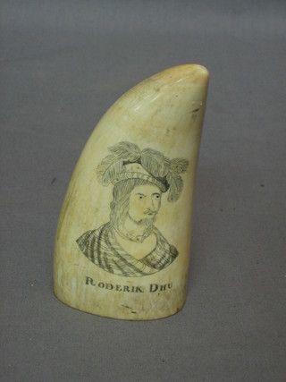 A carved whale bone scrimshaw - carved a head and shoulders portrait of Roderik Dhu 5"