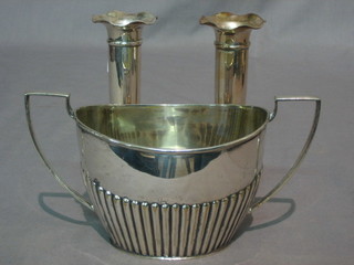 A pair of Art Deco silver plated specimen vases 6"  and an oval silver plated sugar bowl with demi-reeded decoration