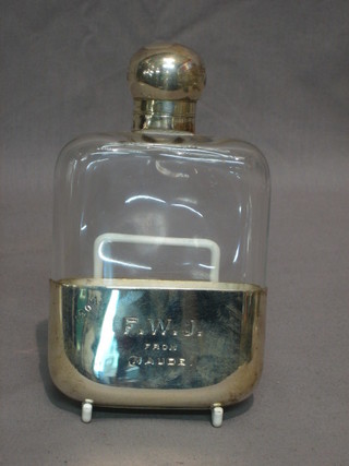 An Edwardian glass  hip flask with silver cup and collar, Sheffield 1906 by James Dixon & Sons