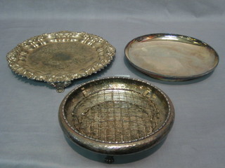 A circular silver plated salver with bracketed border, raised on 3 panel supports 10", a circular silver plated bowl 10" and a rose bowl