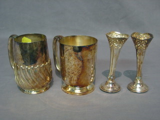A silver plated 1 pint tankard with demi-reeded decoration and 1 other and 1 a pair of pierced silver plated specimen vases 5"