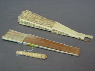 A carved ivory needle case 3" and 2 fans