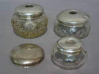 3 circular cut glass dressing table hair tidies with silver lids, 1 other silver lid