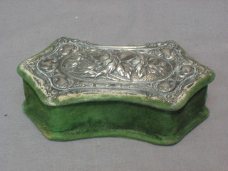 An Edwardian shaped green velvet trinket box with embossed silver lid, Birmingham 1906 4 1/2"