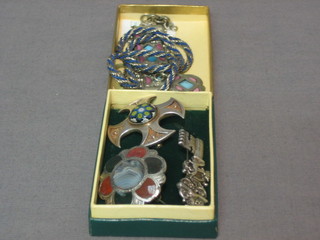 A silver and hardstone Langtree style watch chain, a  silver and hardstone brooch, a cross brooch, a brooch in the form of a key and a "silver" chain