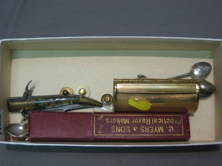 A cut throat razor, a folding knife and a collection of various studs, various Eastern "silver" coffee spoons and other curios