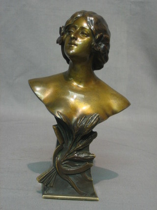 A E Neil, an Art Nouveau bronze head and shoulders portrait bust depicting the Harvest Goddess, 8"