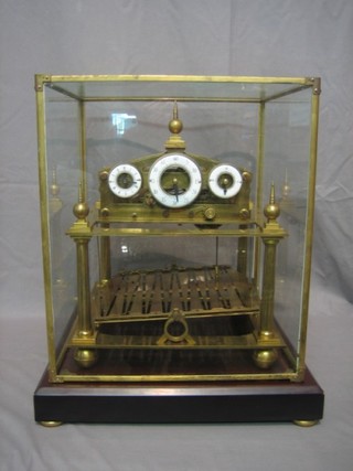 A brass cased "Congreve" clock with 3 dials contained under a glass dome 15"