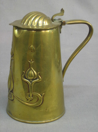 An Art Nouveau embossed brass lidded jug, the base marked J S & S RD 09942 6"