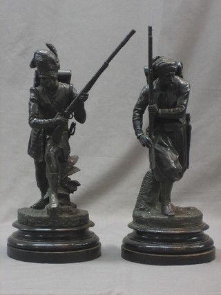 A handsome pair of 19th Century spelter figures of a Highland Soldier and Seapoy, 14" (highlanders sword f)