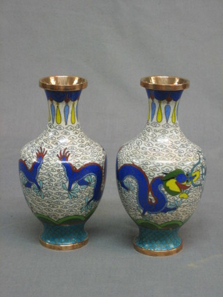 A pair of cloisonne enamel club shaped vases 6"
