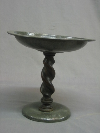 An Art Nouveau planished pewter comport, raised on a spiral turned stand, the base marked Tudric 01302 10" (dented)