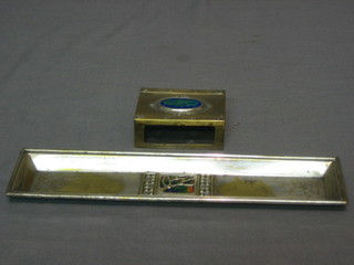An Art Nouveau rectangular embossed pewter pin tray with enamelled plaque 10" and a similar match box case 3"