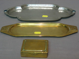An oval shaped pewter tray set hardstones by Ashby Pewter, the reverse marked 597 D 12", an Art Nouveau brass lozenge shaped twin handled tray 11" and an Art Nouveau planished brass stand box with hinged liid 3" base marked Ges Gesch