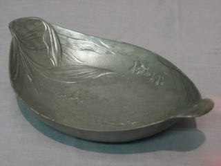 An Art Nouveau cast metal boat shaped dish with stylised floral decoration, the base marked 376 12"