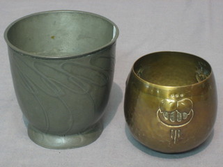 An Art Nouveau metal beaker shaped  goblet with stylised decoration, the base marked Osiris 794 4" and a planished copper vase 3"