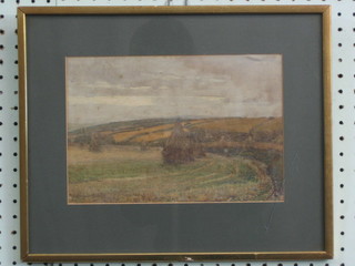 S Y Lamorny Birch, watercolour drawing "Downland Scene with Haystack" 15" x 10" (some foxing)