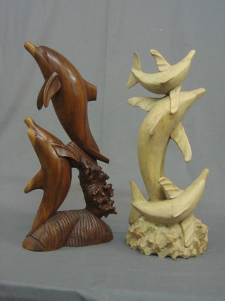 2 carved wooden sculptures of dolphins 20" 