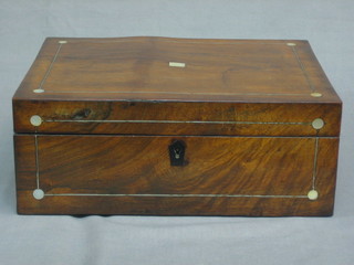 A square Victorian rosewood trinket box with hinged lid and mother of pearl line inlay 12"