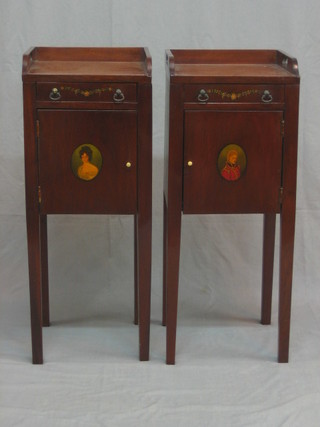 A pair of 19th Century style mahogany tray top bedside cabinets fitted a drawer above a cupboard enclosed by a panelled door, painted a portrait of a soldier and a lady 12"