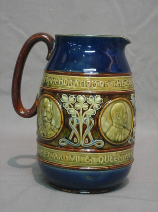 A Royal Doulton salt glazed jug to commemorate the Coronation of Edward VII and Queen Alexander, base with impressed Doulton mark 1331 7"