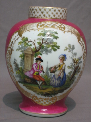 A 19th Century porcelain bulbous shaped urn with panel decoration depicting a romantic scene against a puce and gilt ground, the base with Augustus Rex cypher mark 7 1/2"