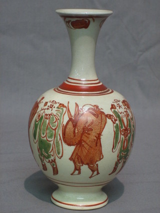 An Oriental bottle shaped vase painted figures 7"
