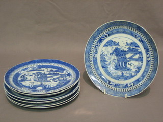 7, 18th Century Oriental blue and white plates decorated pagodas 8"