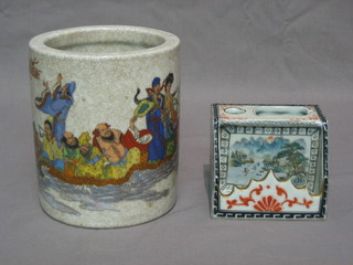 A circular Oriental vase decorated figures and with script to the side, the base with red 6 character seal mark 5" and an Oriental rectangular brush pot 3"