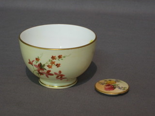 A Royal Worcester circular blush ivory ground bowl, the base with green Worcester mark and 11 dots, 3 1/2" together with a circular Worcester jar and lid 1 1/2"
