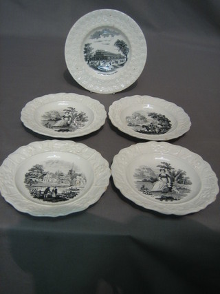 A white glazed Davenport pottery plate decorated Crystal Palace 1851 7" and 4 other 19th Century  white glazed plates decorated monochrome rural scenes 6"