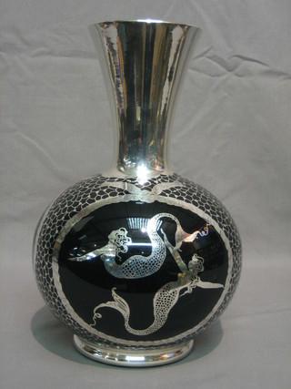 A 1950's Continental black glass club shaped vase with overlay silver decoration of dancing mermaids 12"