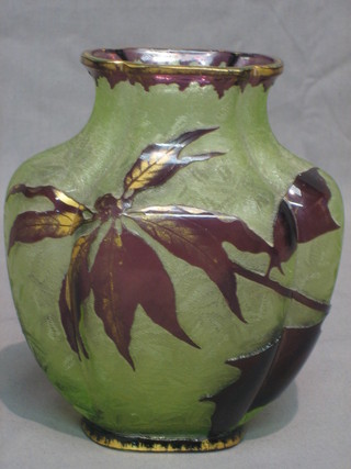 An Art Pottery red shaped overlay glass vase, base marked 22 6"