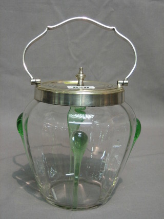 An Art Nouveau clear Art Glass biscuit barrel and cover with silver plated mounts 5 1/2"