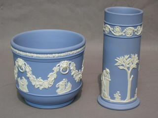 A cylindrical Wedgwood blue Jasperware vase, base impressed 68 6 1/2" and a circular chassepot impressed 61 4"