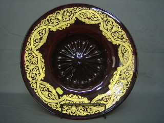 A red Bohemian glass bowl with gilt overlay decoration 15" 
