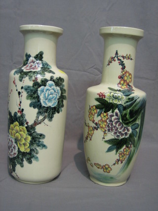 A pair of 20th Century Oriental porcelain club shaped vases with floral decoration 16"