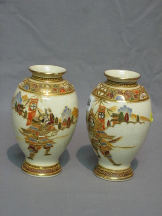 A pair of late Japanese Satsuma vases decorated warriors (1 slight chip to rim) 6"