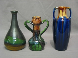 A club shaped Art Pottery vase 8" and 2 other Art Pottery vases