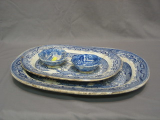 A blue and white Willow pattern meat plate 18" (f and r), 1 other 13" (chip to rim) and 2 Copeland Spode octagonal pickle dishes 4" (chip to base)