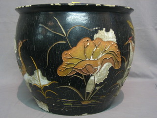 A black glazed Oriental fish bowl 17" (paint loss)