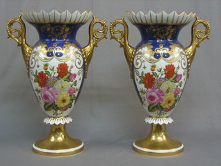 A pair of large and impressive Derby style porcelain twin handled vases 19"