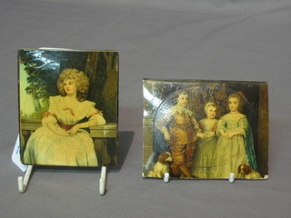 2 19th Century miniature prints on metal plaques  "Seated Lady and Children" 4" x 3" and 3" x 4"