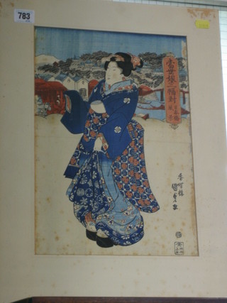 Kumisada? 19th Century Japanese print of a standing Geisha 14" x 10" (some foxing)